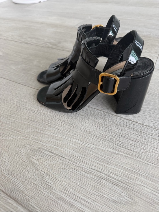 Prada Shoes - Prada Black Patent Leather Open-Toe Block Heel Sandals with Gold Buckle